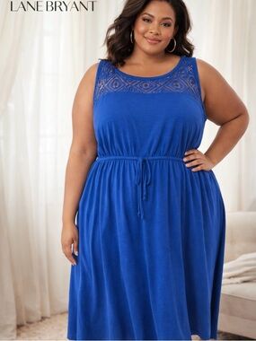Lane Bryant Cornflower Blue Lace Yoke Tie-Waist Mini Dress Plus Size 26 / 28